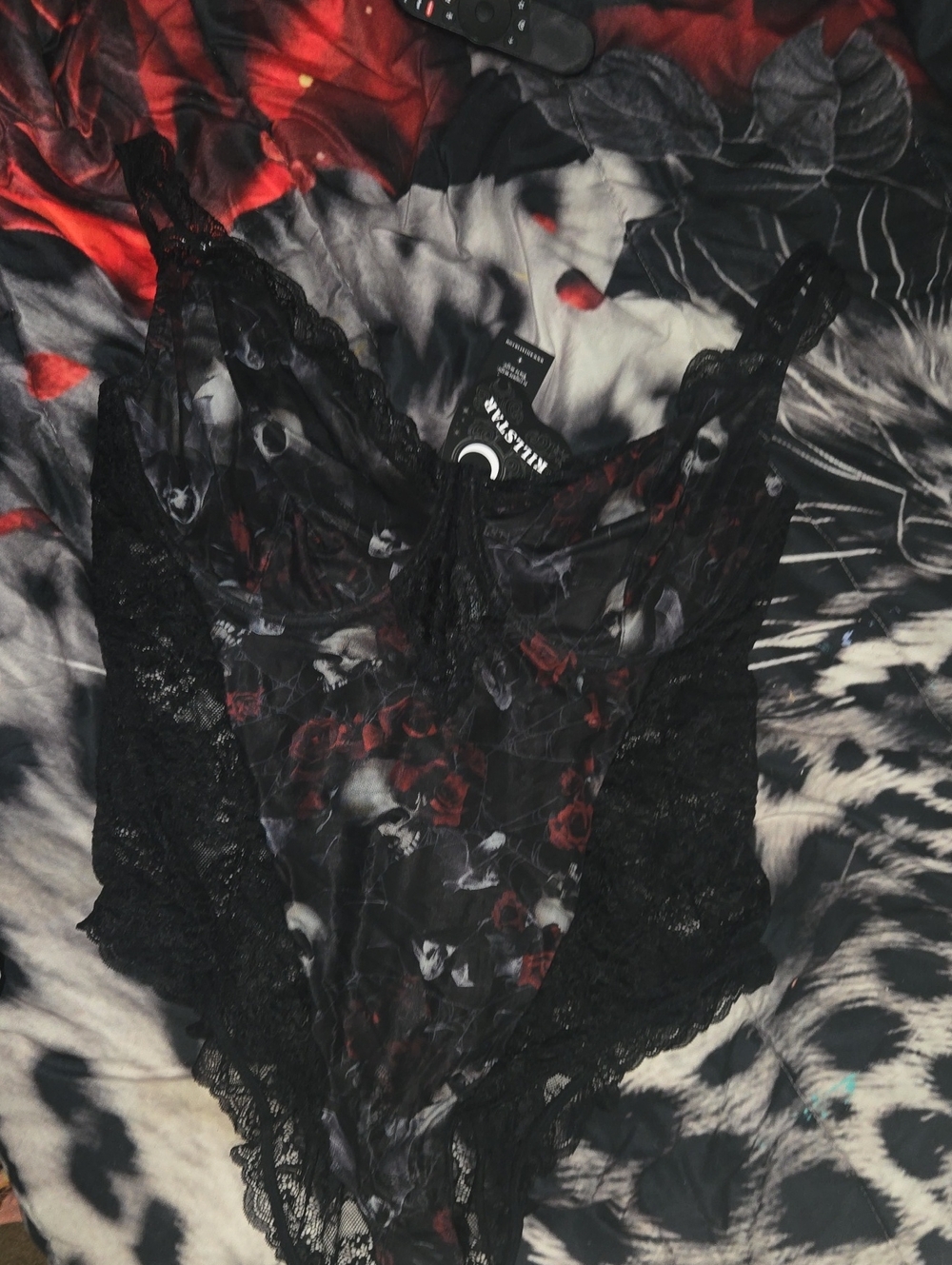 Killstar Black Sheer Lace Floral & Skull Bodysuit with Red Accents